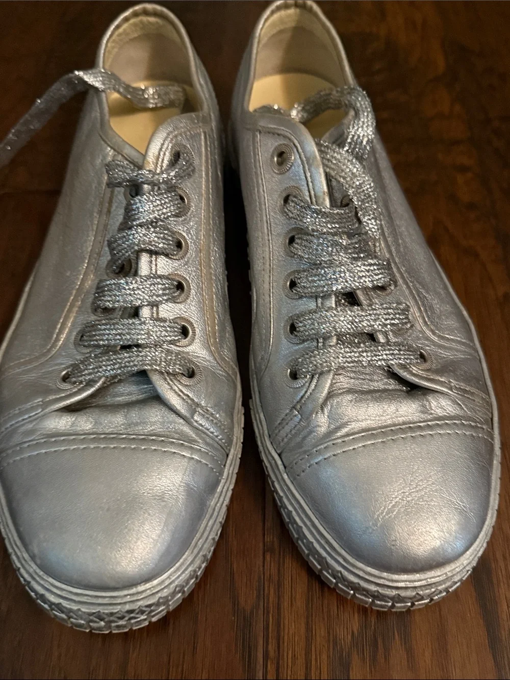CHANEL Metallic Silver Leather Sneakers with Glitter Laces